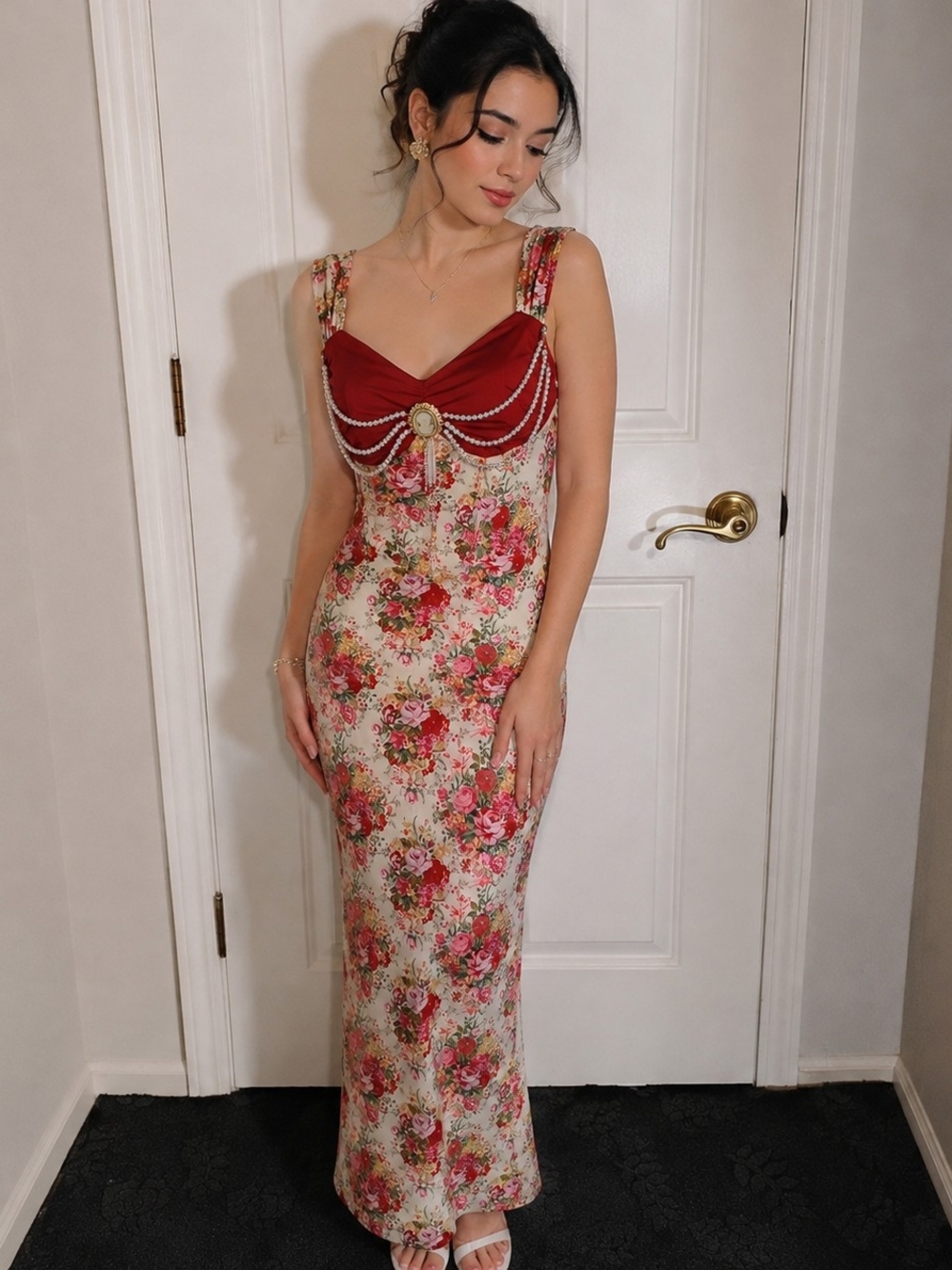 SHEIN Red Floral Pearl-Trim Maxi Dress